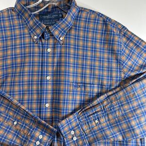 Coastal Cotton Plaid Long Sleeve Classic Fit Blue/Org Button Down Shirt Mens XXL